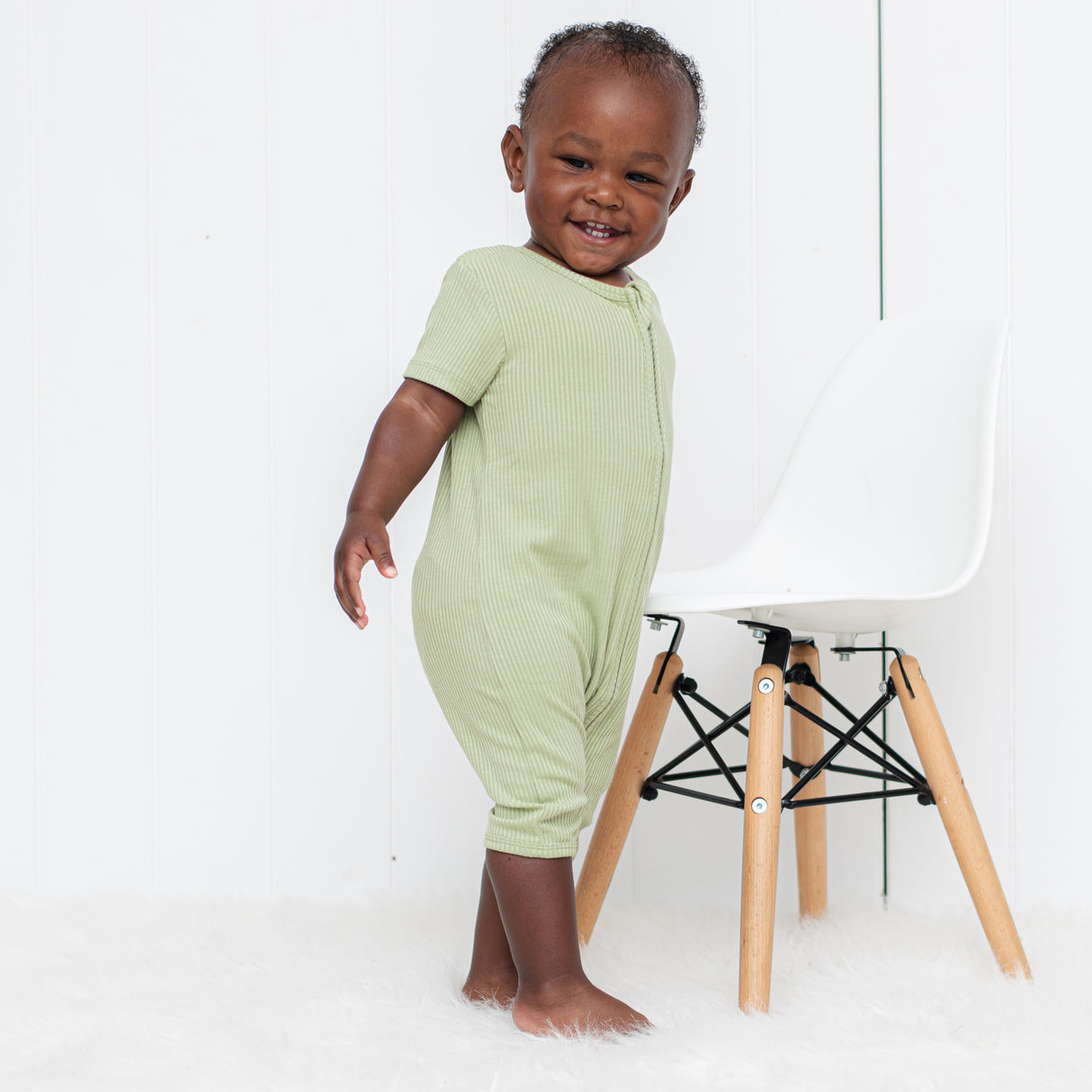 SHORTIE ZIP ROMPER - Pistachio Ribbed - HoneyBug