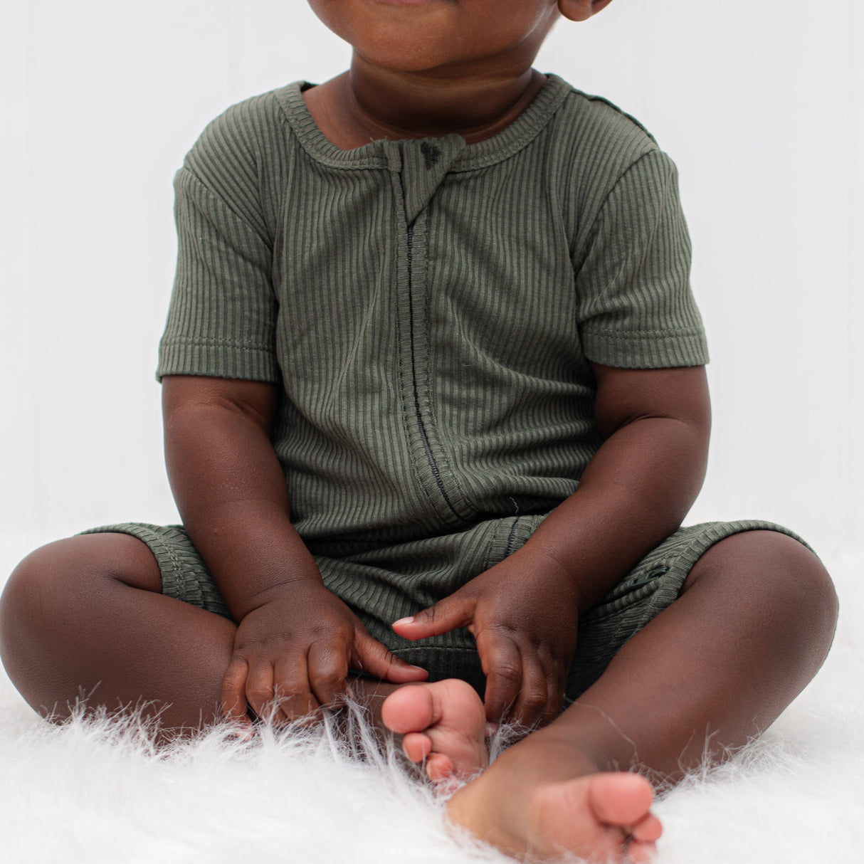 SHORTIE ZIP ROMPER - Moss Ribbed - HoneyBug
