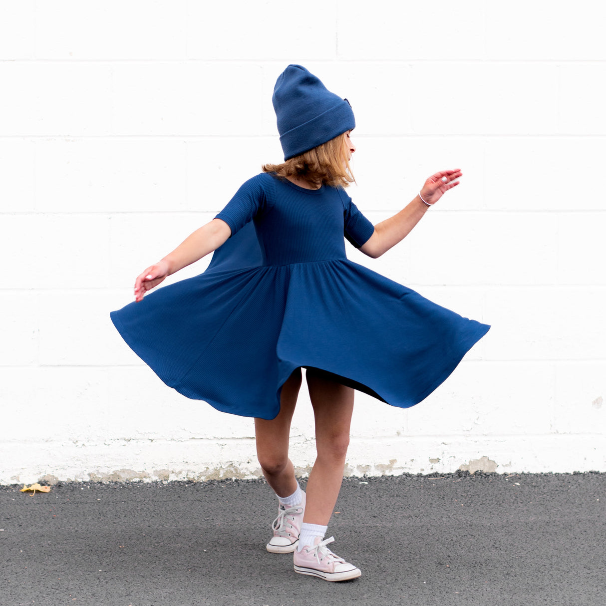 MID SLEEVE TWIRL DRESS- Navy Ribbed - HoneyBug
