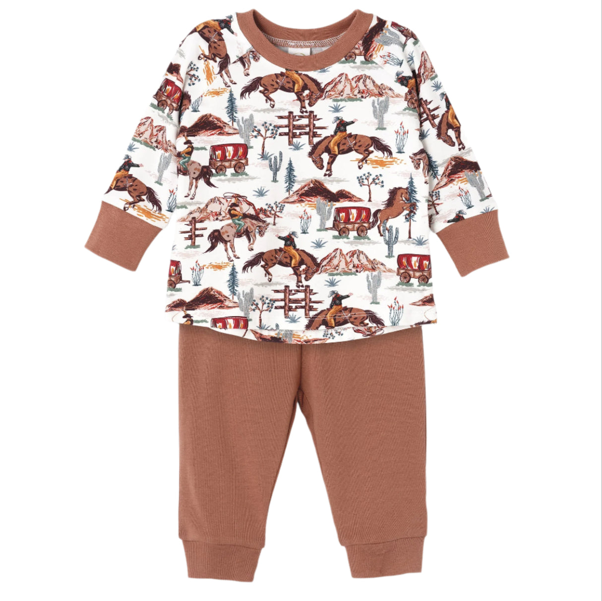 Children's pajama set with western-themed print on a white background