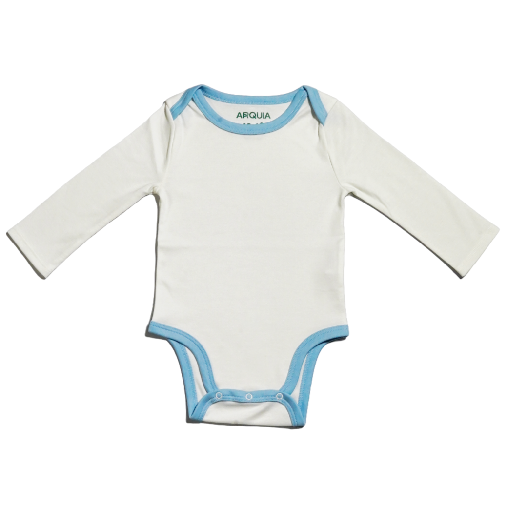 100% Peruvian Pima Cotton White with Chambray Blue Long Sleeve Snap Bodysuit - HoneyBug