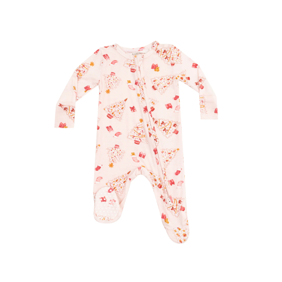 2 Way Zipper Footie - Vintage Christmas Trees Pink - HoneyBug