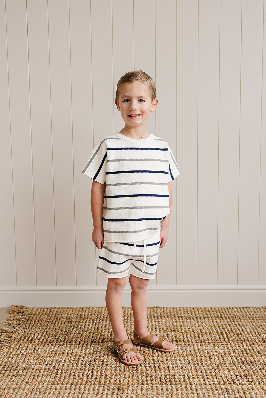 Sage + Navy Stripe Knit Short Set - HoneyBug
