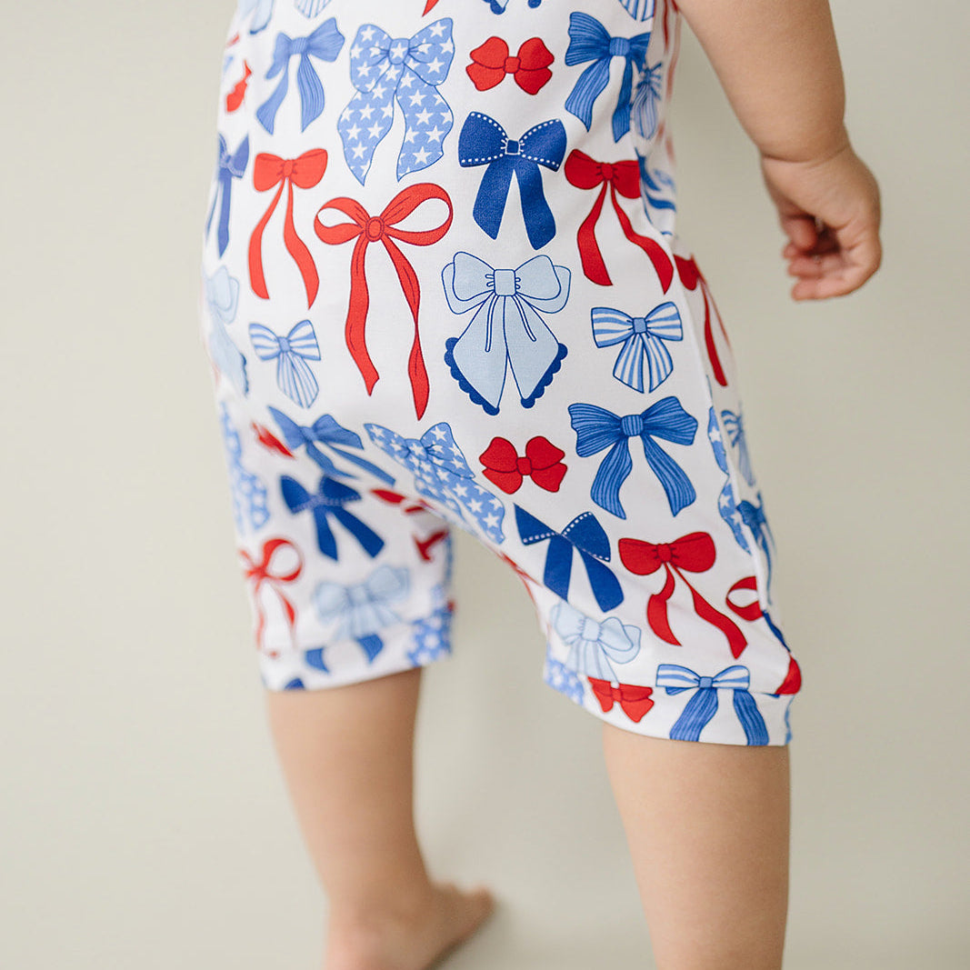 Bamboo Shorty Romper | Red-White & Bows