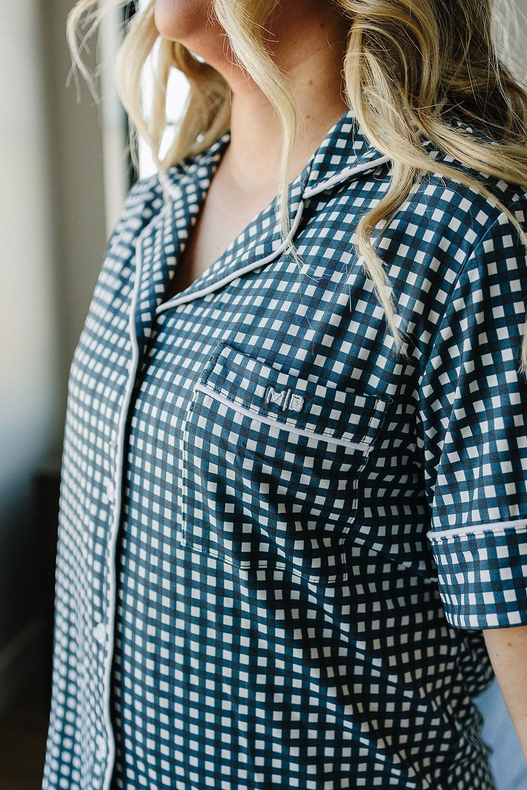Women's Navy Gingham Pajama Set - HoneyBug