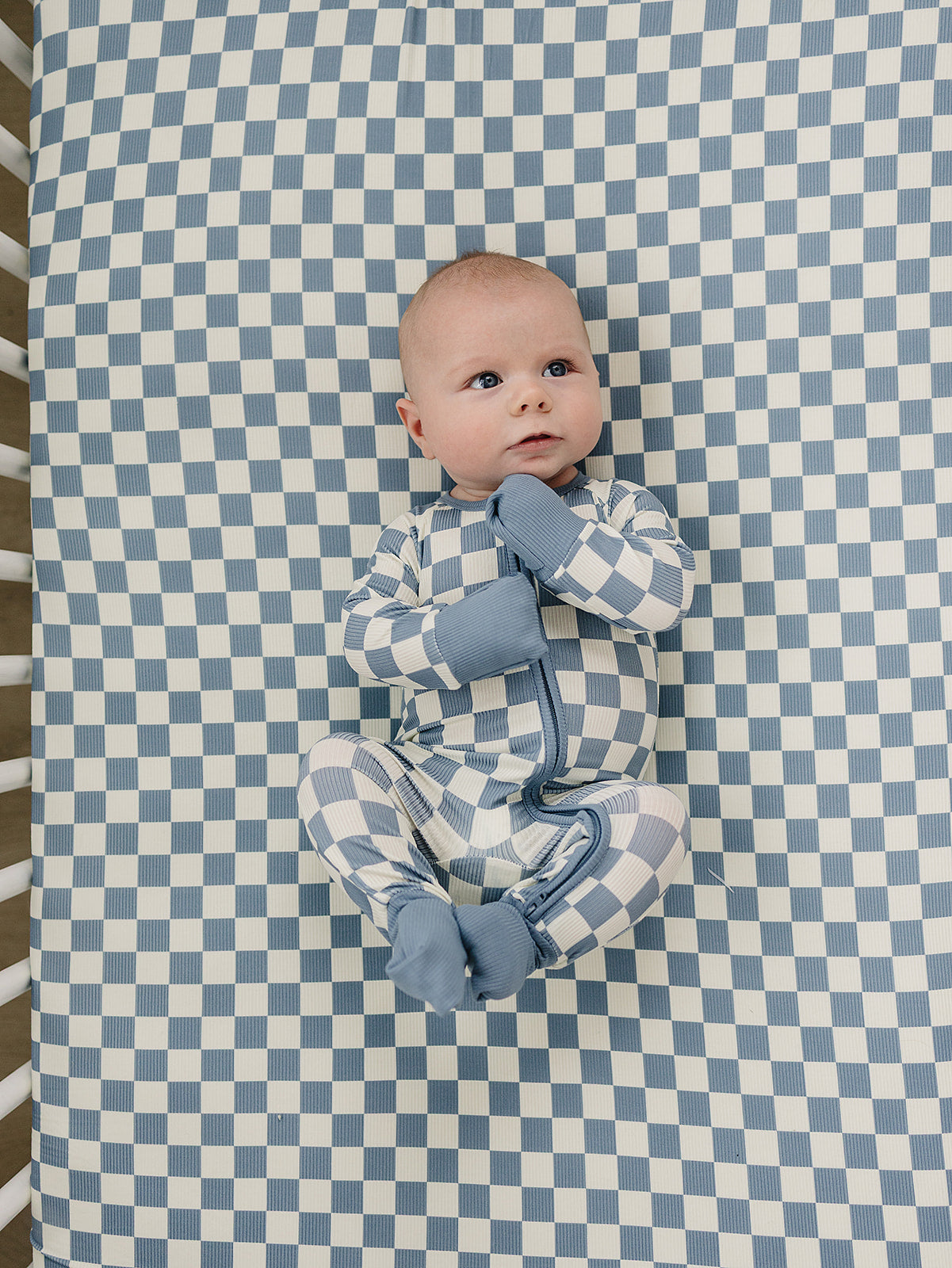 Blue Checkered Ribbed Bamboo Stretch Crib Sheet
