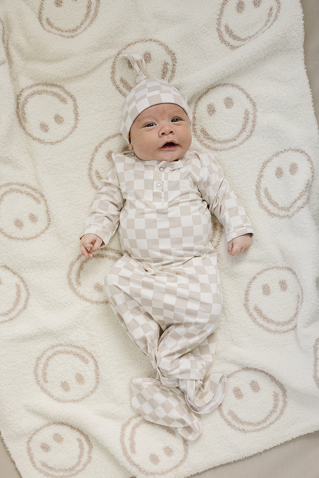 Taupe Checkered Bamboo Newborn Knot Hat - HoneyBug
