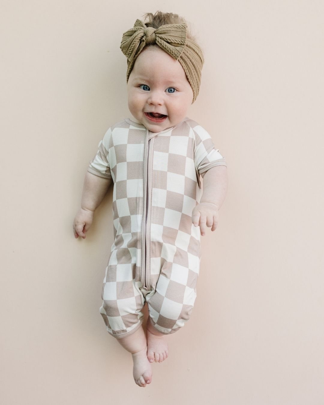 Bamboo Shorty Romper | Latte Checkered - HoneyBug