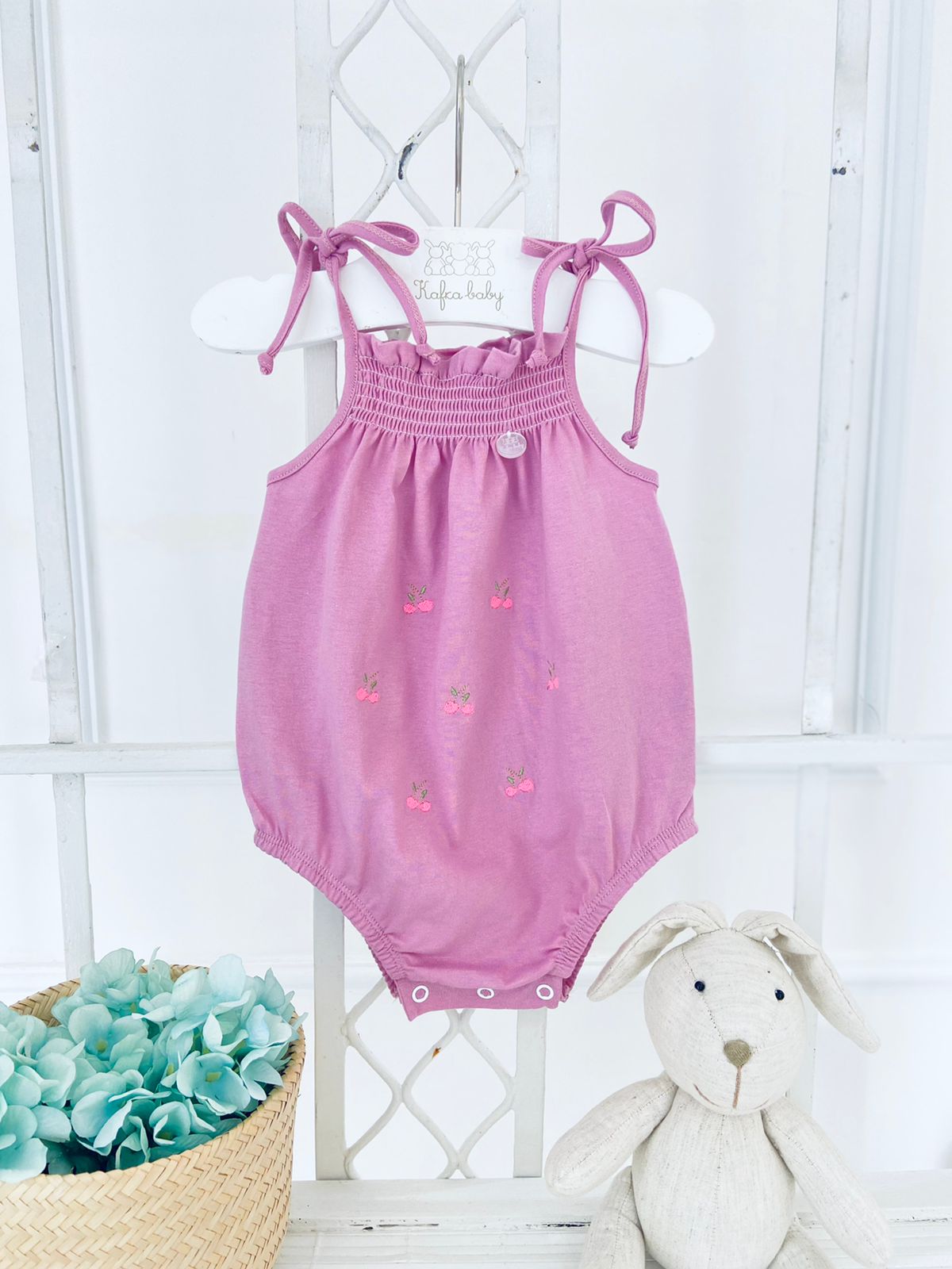 Smocked Bubble with Embroidered Cherries - HoneyBug