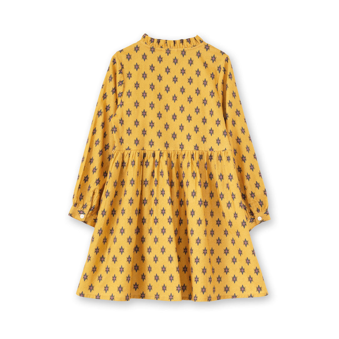 Girls' Long Sleeves Dress with Front Ruffle| Yellow and Pink - HoneyBug