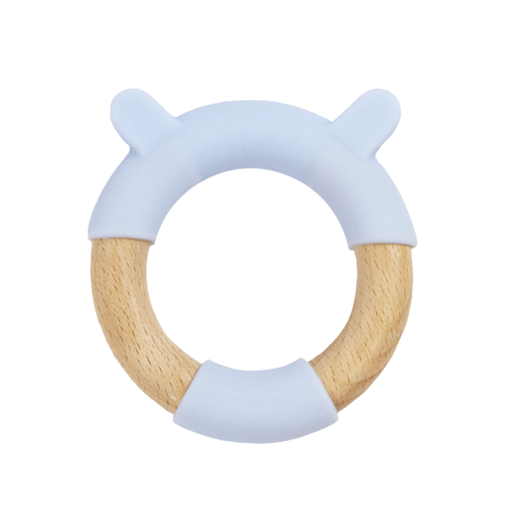 Blue Bear Circle Bear Head Teether Silicone + Wood Teether - HoneyBug
