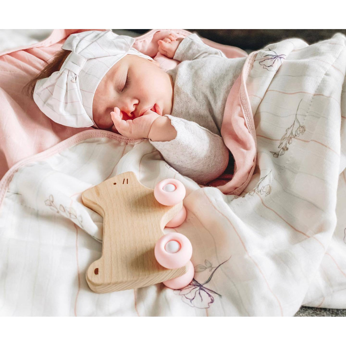 Pink Kitten Silicone + Wood Teether with Wheels - HoneyBug