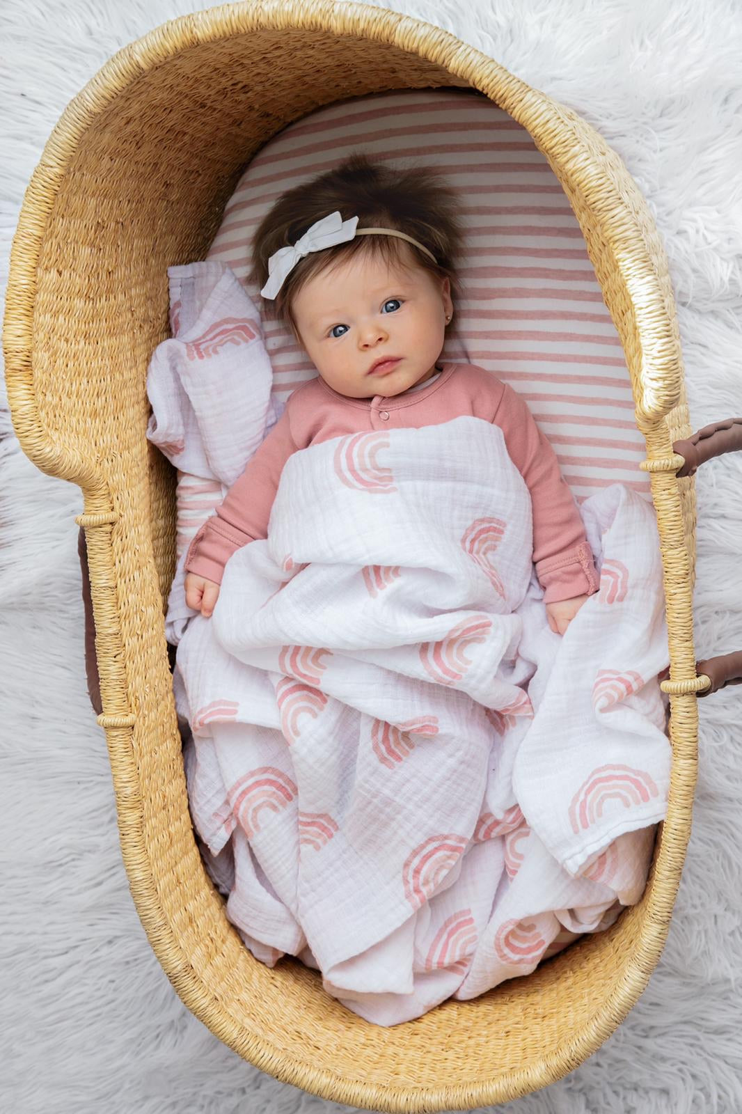 Waterproof Bassinet Sheet Set - Mauve Pink Stripes & Splash - HoneyBug