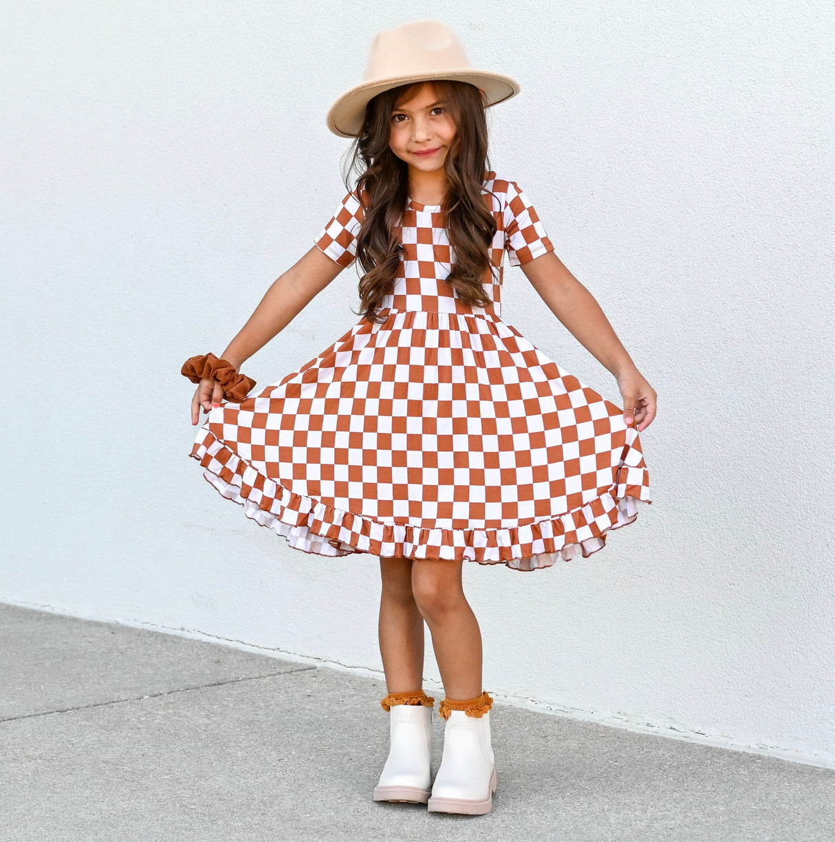 COPPER CHECKERS DREAM RUFFLE DRESS - HoneyBug