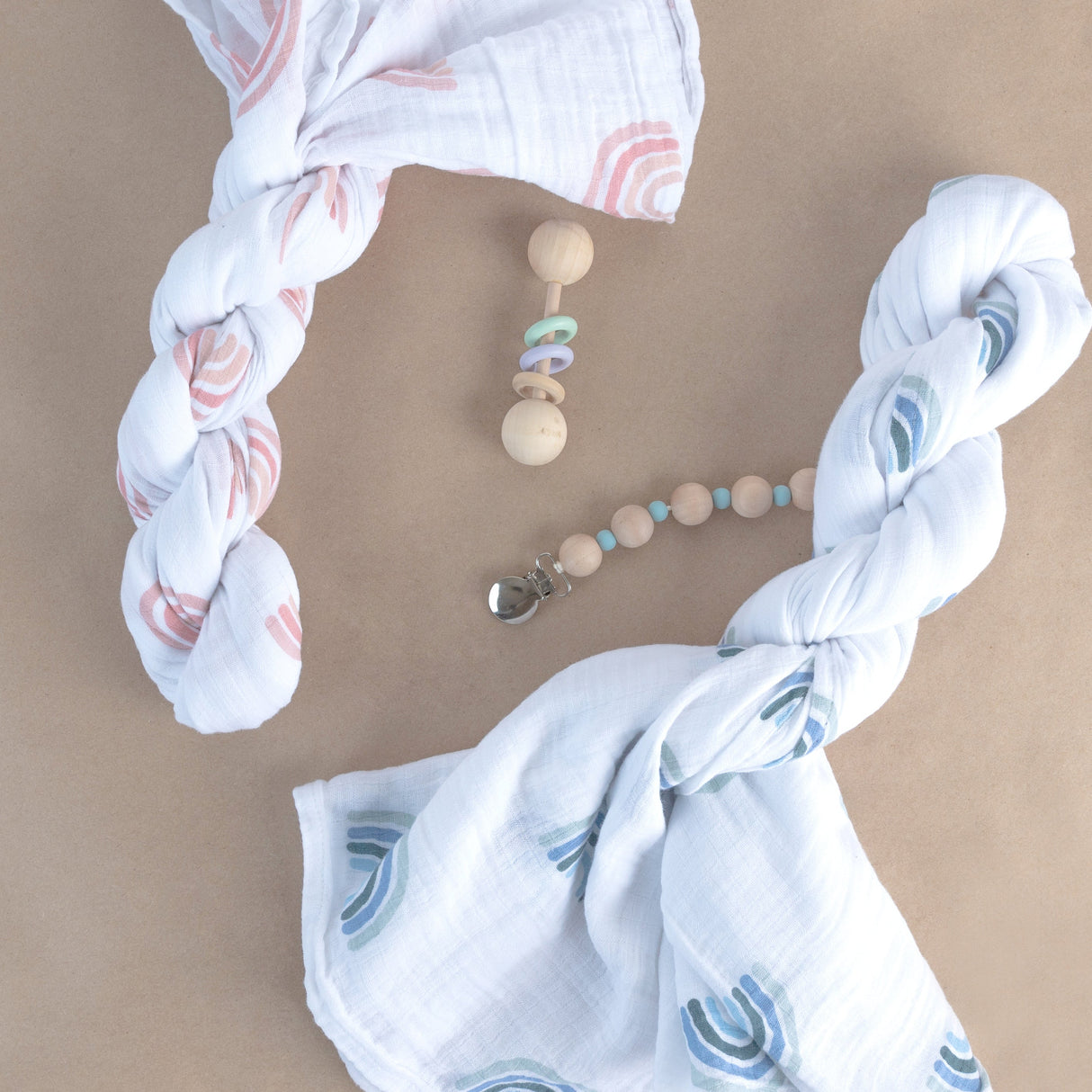 2 Pack Cotton Muslin Swaddle Blanket - Dusty Pink Rainbow - HoneyBug