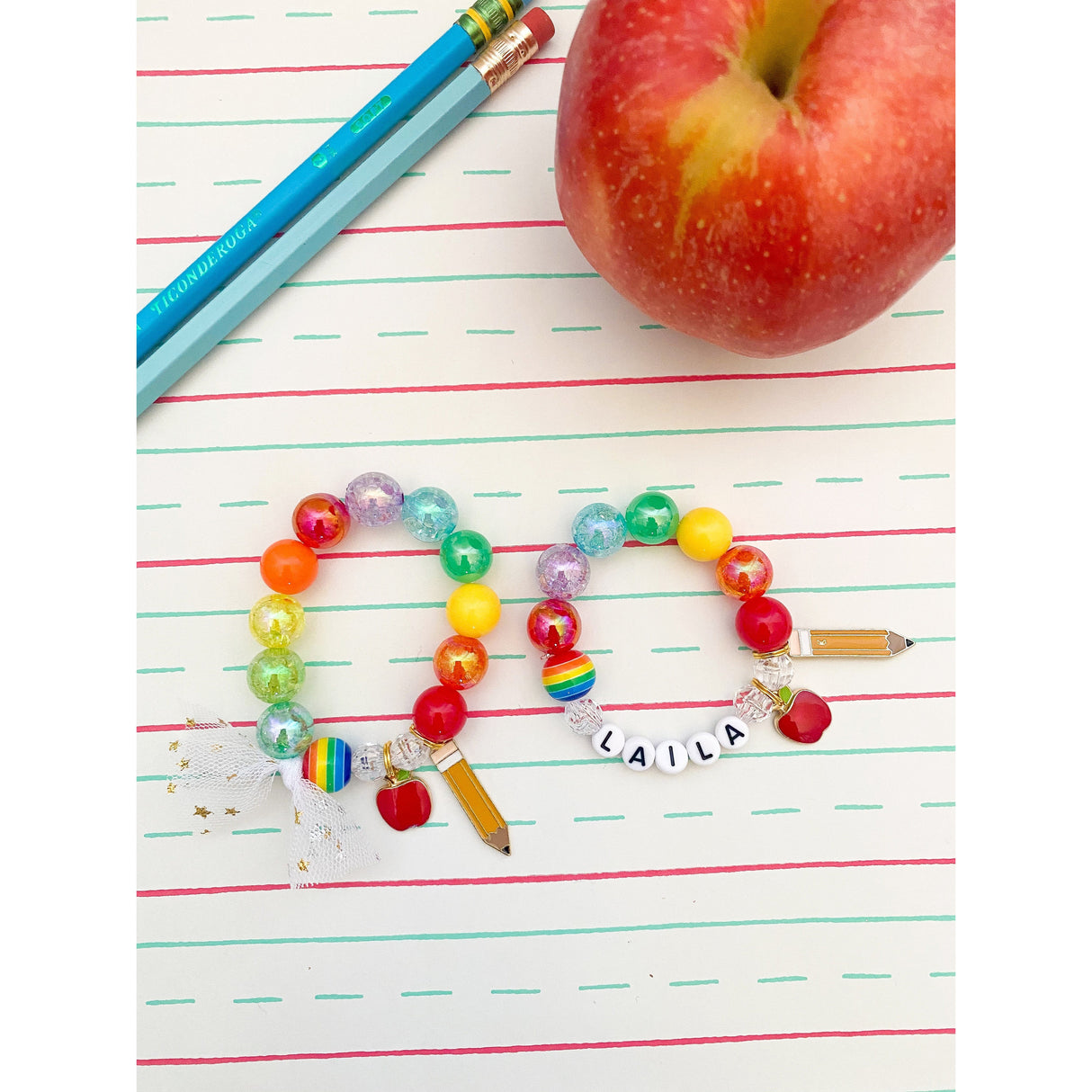 Back to School: Rainbow Pencil and Apple Charm Bracelet- Customizable - HoneyBug