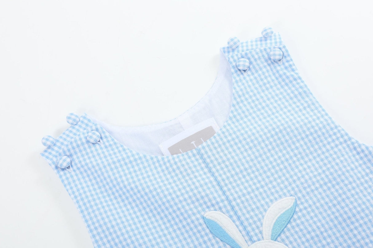 Light Blue Gingham Easter Bunny Applique Shortalls