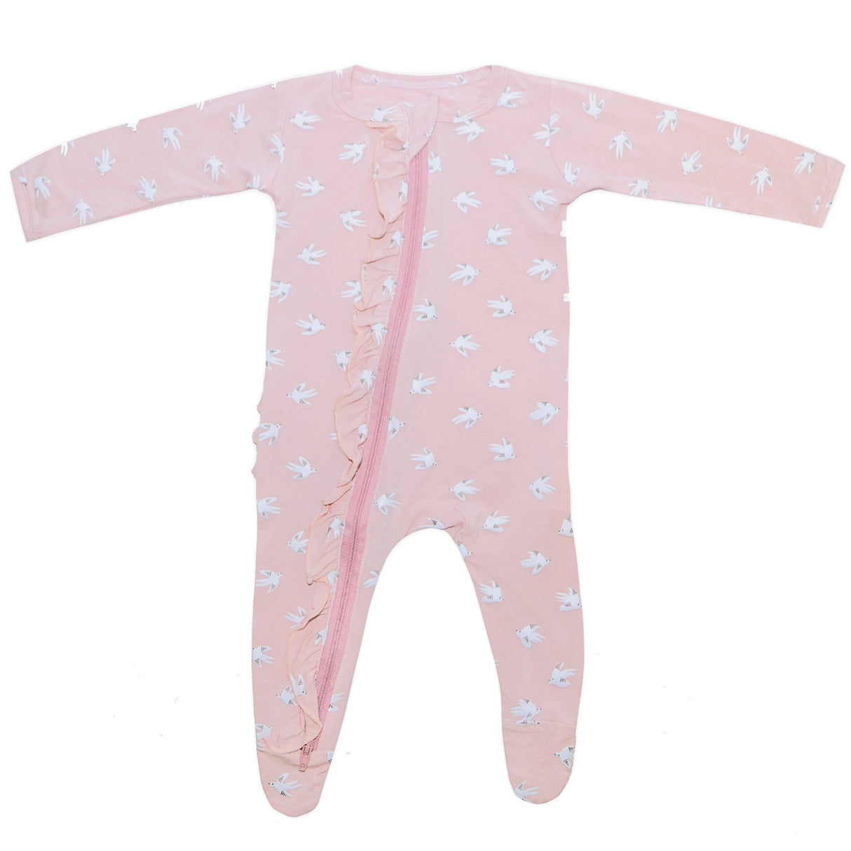 Ruffle 2 Way Zip Romper - Little Birds - HoneyBug