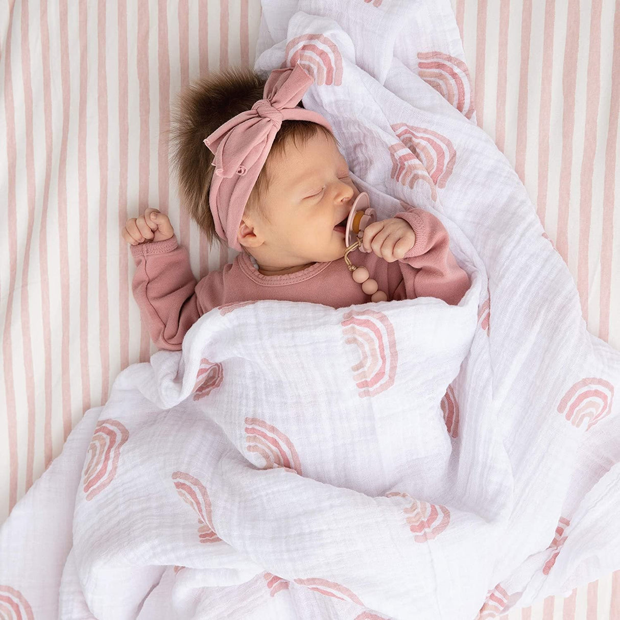 2 Pack Cotton Muslin Swaddle Blanket - Dusty Pink Rainbow - HoneyBug