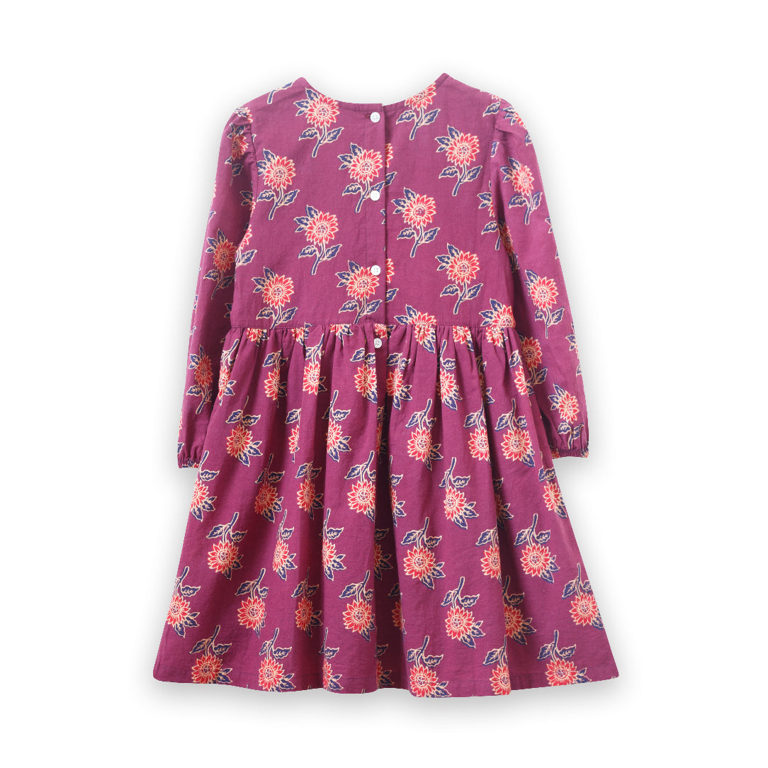 Girls' Long Sleeve Dress with Floral Motif | Purple & Red - HoneyBug