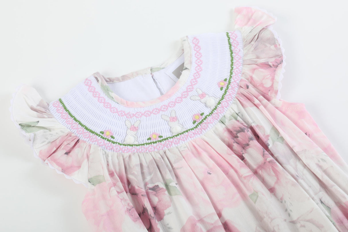 Pink and White Peony Bunny Smocked Flutter Romper