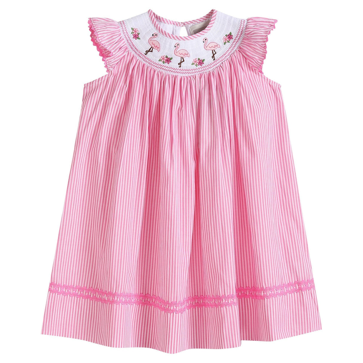 Pink Striped Flamingo Smocked Bishop Dress