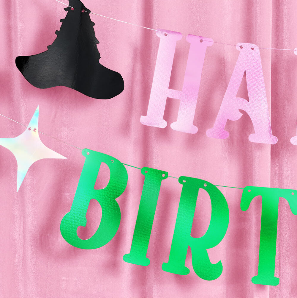 Birthday Witch Banner - Pink + Green Foil Banner