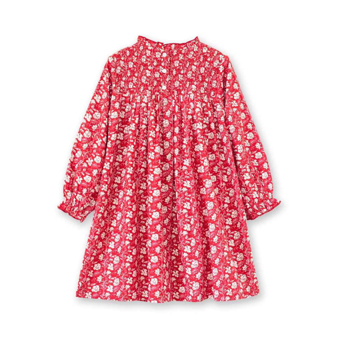 Girls' Smocked Long Sleeves Dress | Red and White Floral - HoneyBug