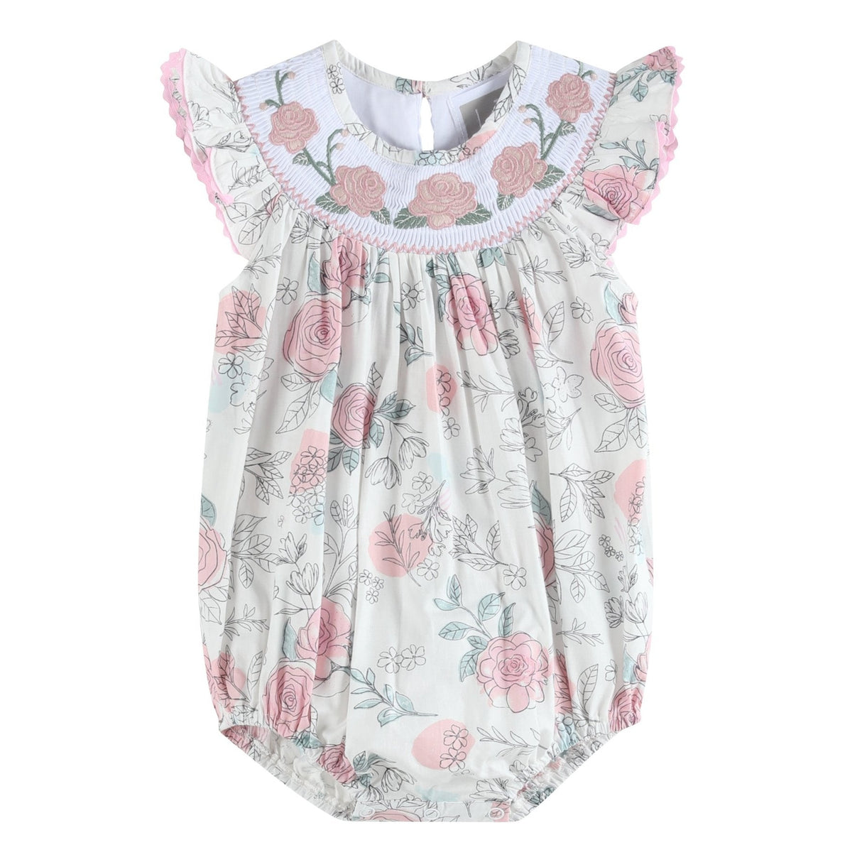 White and Pink Floral Smocked Flutter Romper