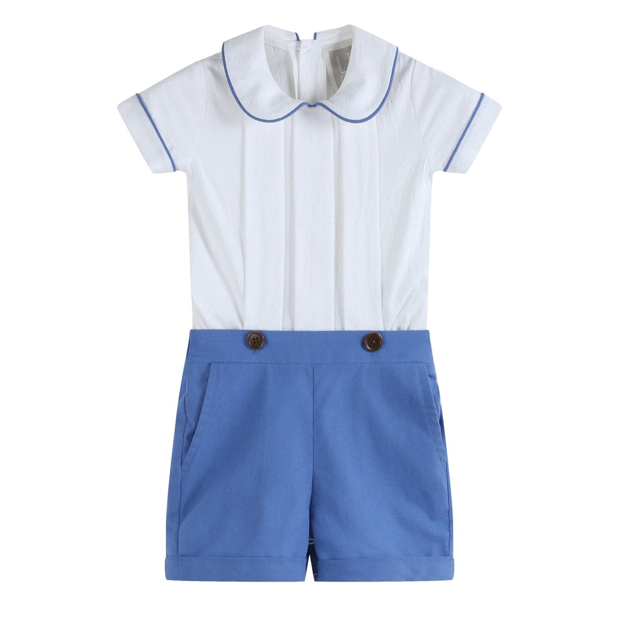 White Collared Top and Blue Button Shorts