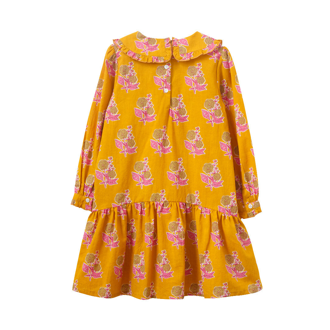 Girls' Wide Collar Long Sleeve Dress with Low Waist | Mustard and Pink - HoneyBug