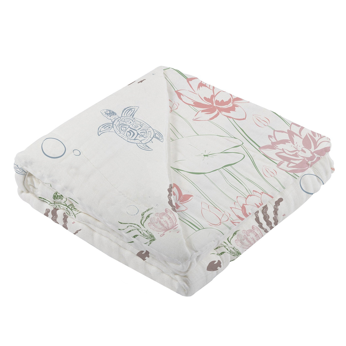 Turtles and Water Lily Bamboo Muslin Newcastle Blanket - HoneyBug