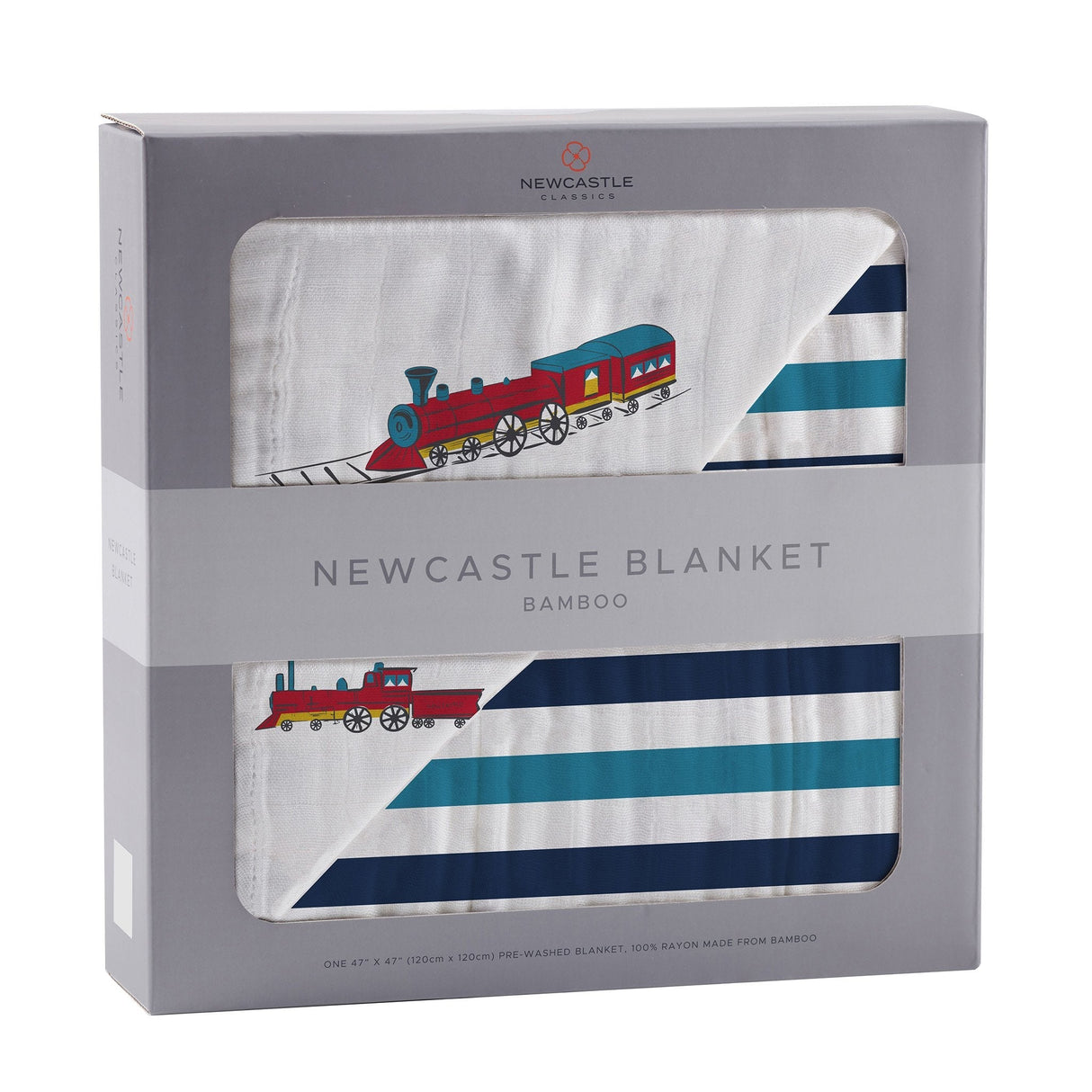 Vintage Steam Trains and Blue Stripe Bamboo Muslin Newcastle Blanket - HoneyBug
