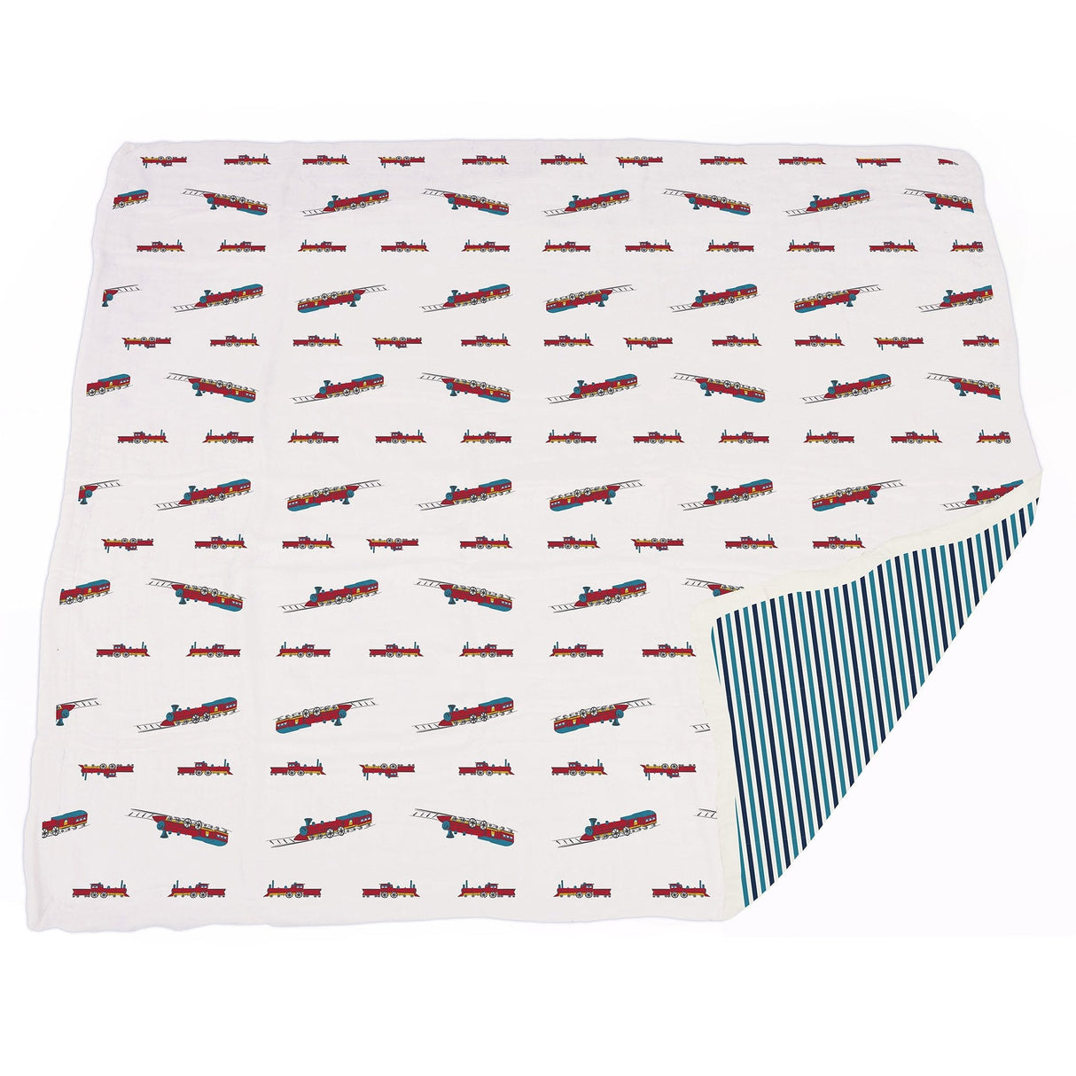 Vintage Steam Trains and Blue Stripe Bamboo Muslin Newcastle Blanket - HoneyBug