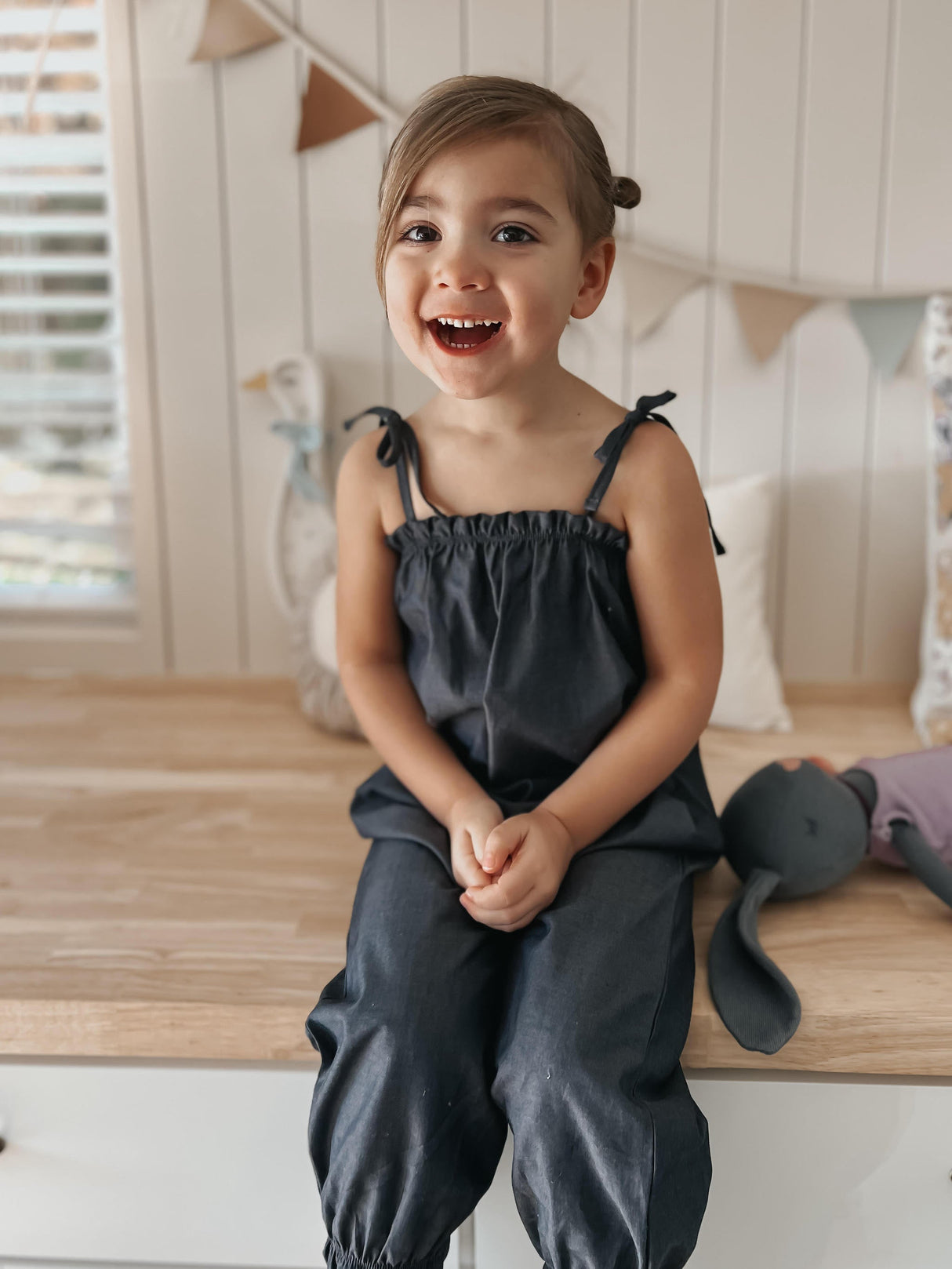 Tie Shoulder Jumpsuit - Chambray - HoneyBug 