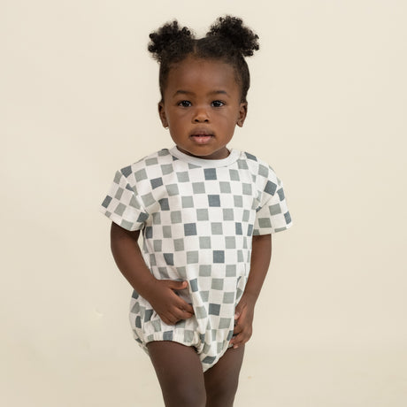 Organic Short Sleeve Bubble Romper - Chequered - HoneyBug 