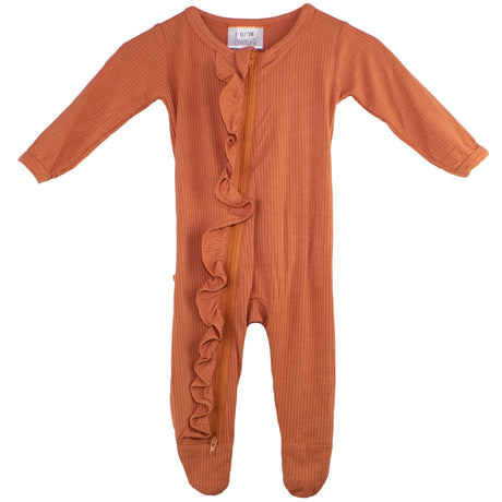 Ruffle 2 Way Zip Romper - Ribbed Rust - HoneyBug 