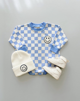 Bubble Romper | Checkered Smiley Blue - HoneyBug 