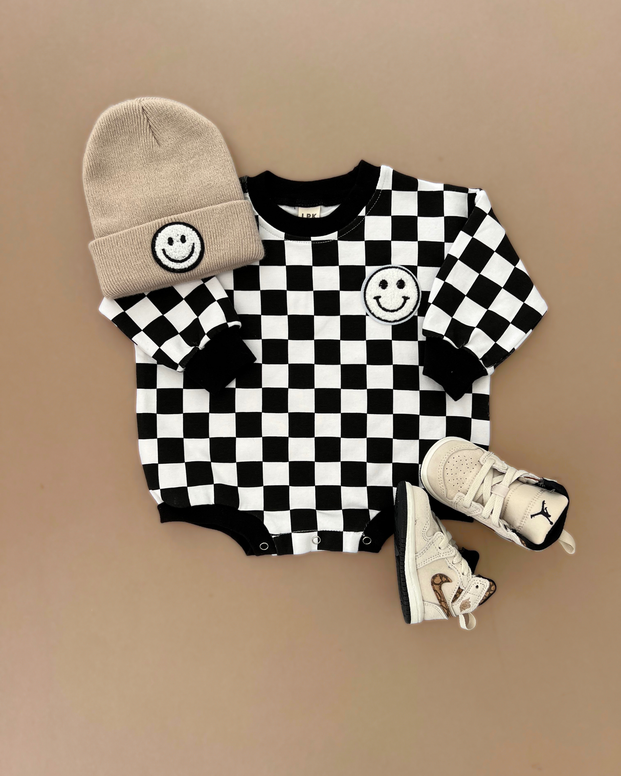 Bubble Romper | Checkered Smiley Black - HoneyBug 