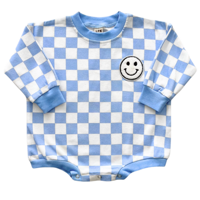 Bubble Romper | Checkered Smiley Blue - HoneyBug 
