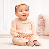 Lace Trim Baby Girl Romper in Soft Beige Rayon Linen - HoneyBug 
