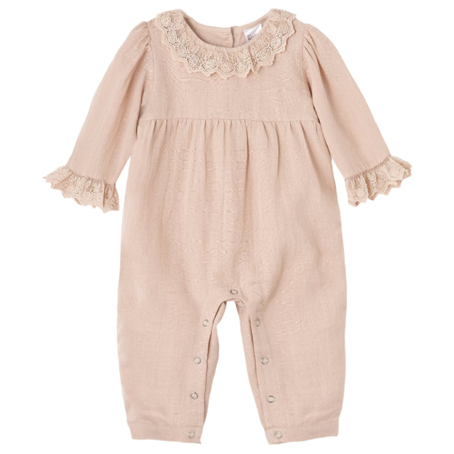 Lace Trim Baby Girl Romper in Soft Beige Rayon Linen - HoneyBug 