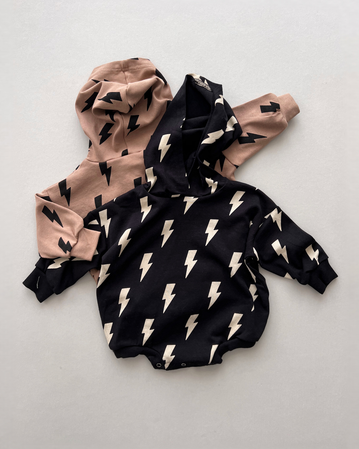Hooded Bubble Romper  |  Black Bolts - HoneyBug 