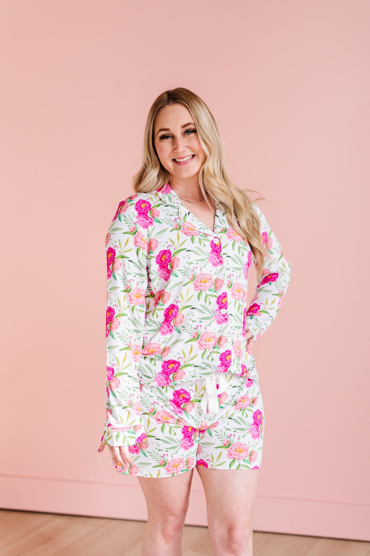 Pink Peony Women’s Button Down Short Set