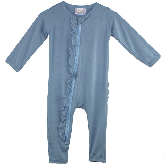 Ruffle 2 Way Zip Romper - Ocean Blue - HoneyBug 