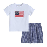 4th of July Royal Blue Gingham American Flag Shirt and Shorts Set