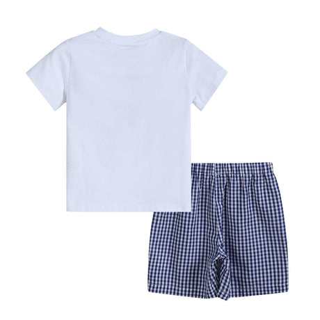 4th of July Royal Blue Gingham American Flag Shirt and Shorts Set