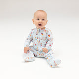 2 Way Zipper Footie - Vintage Christmas Trees Blue - HoneyBug 