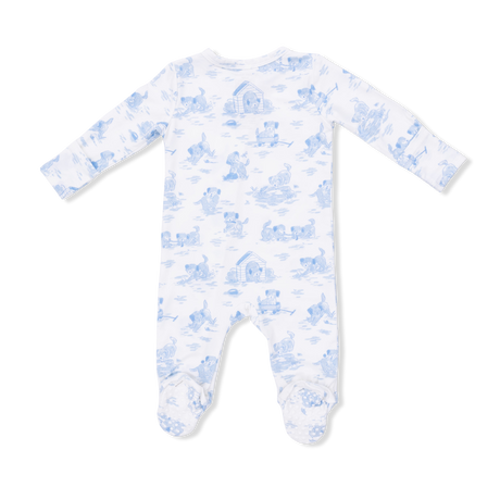 Puppy Toile Blue -  2 Way Zipper Footie, Swaddle  & Bandana Bib Set