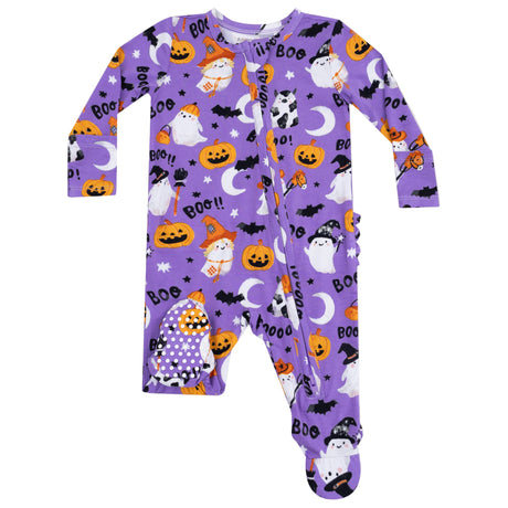 2 Way Zipper Ruffle Back Footie - Costumed Ghosts - Glow in the Dark - Purple - HoneyBug 